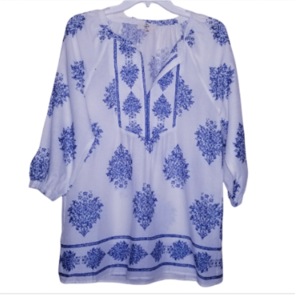 Entro Linen Blend White Blue Floral Boho Tunic Top Small